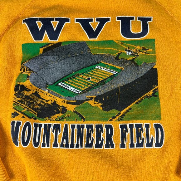VTG 80s West Virginia Mountaineers Field Sweatshirt Medium Yellow Faded Crewneck - Picture 2 of 13